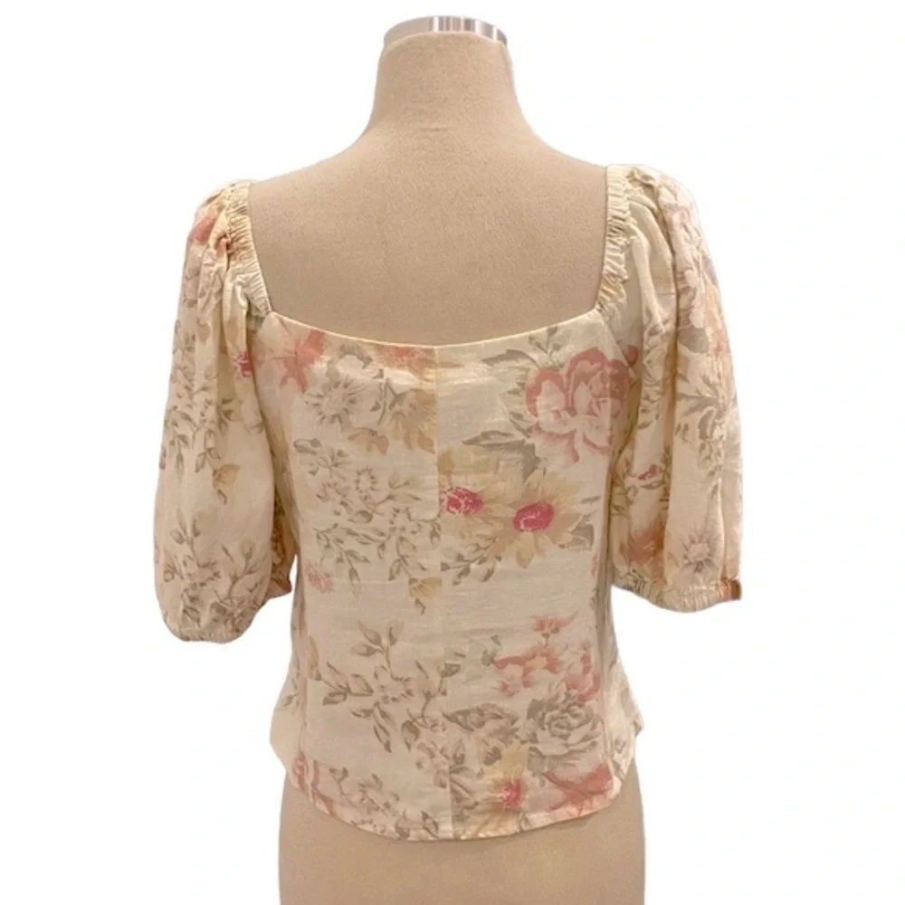 Puff Sleeve Floral Sweetheart Neck Linen Prairie Style Top